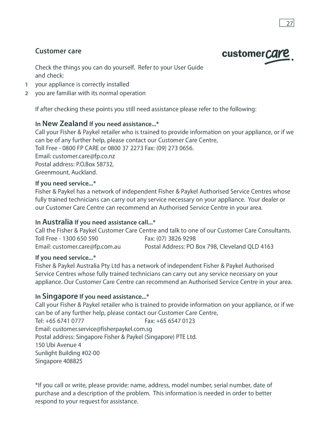 Fisher & Paykel DW60 installation instructions Customer care, New Zealand If you need assistance, If you need service 