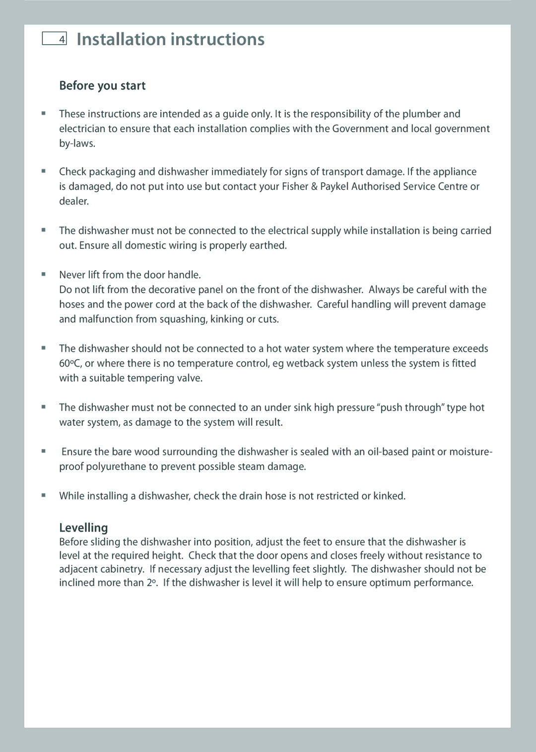 Fisher & Paykel DW60 installation instructions Installation instructions, Before you start, Levelling 