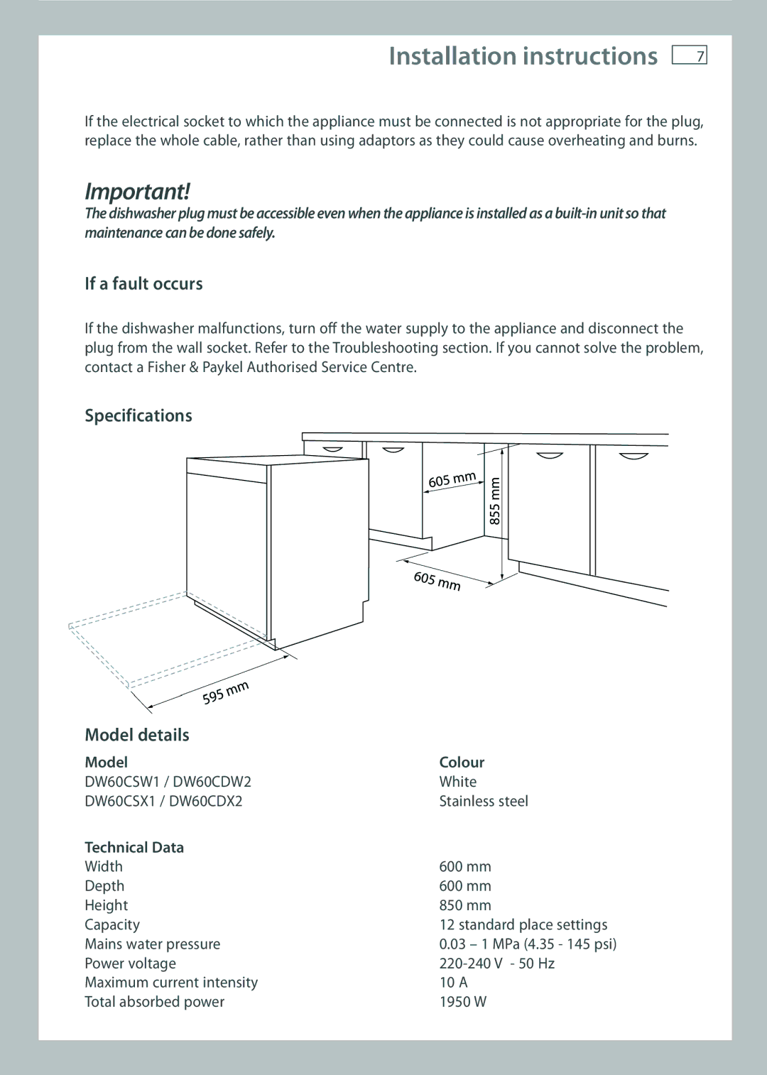 Fisher & Paykel DW60 If a fault occurs, Specifications Model details, Model Colour, Technical Data 