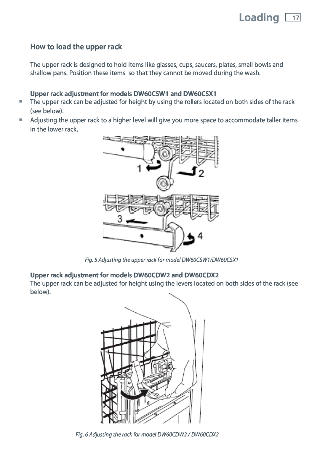 Fisher & Paykel Loading, How to load the upper rack, Upper rack adjustment for models DW60CSW1 and DW60CSX1 
