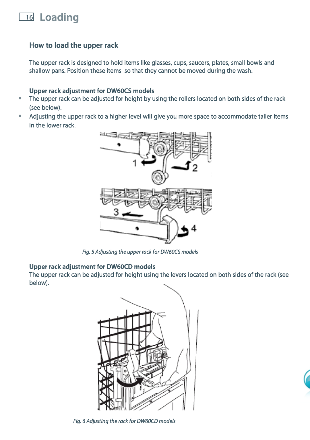 Fisher & Paykel installation instructions Loading, How to load the upper rack, Upper rack adjustment for DW60CS models 