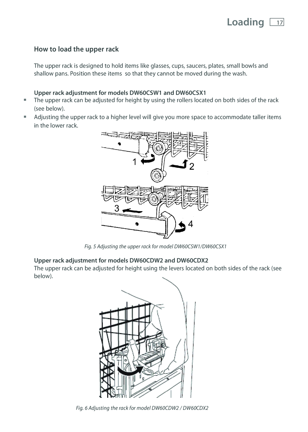 Fisher & Paykel DW60 installation instructions Loading, How to load the upper rack 
