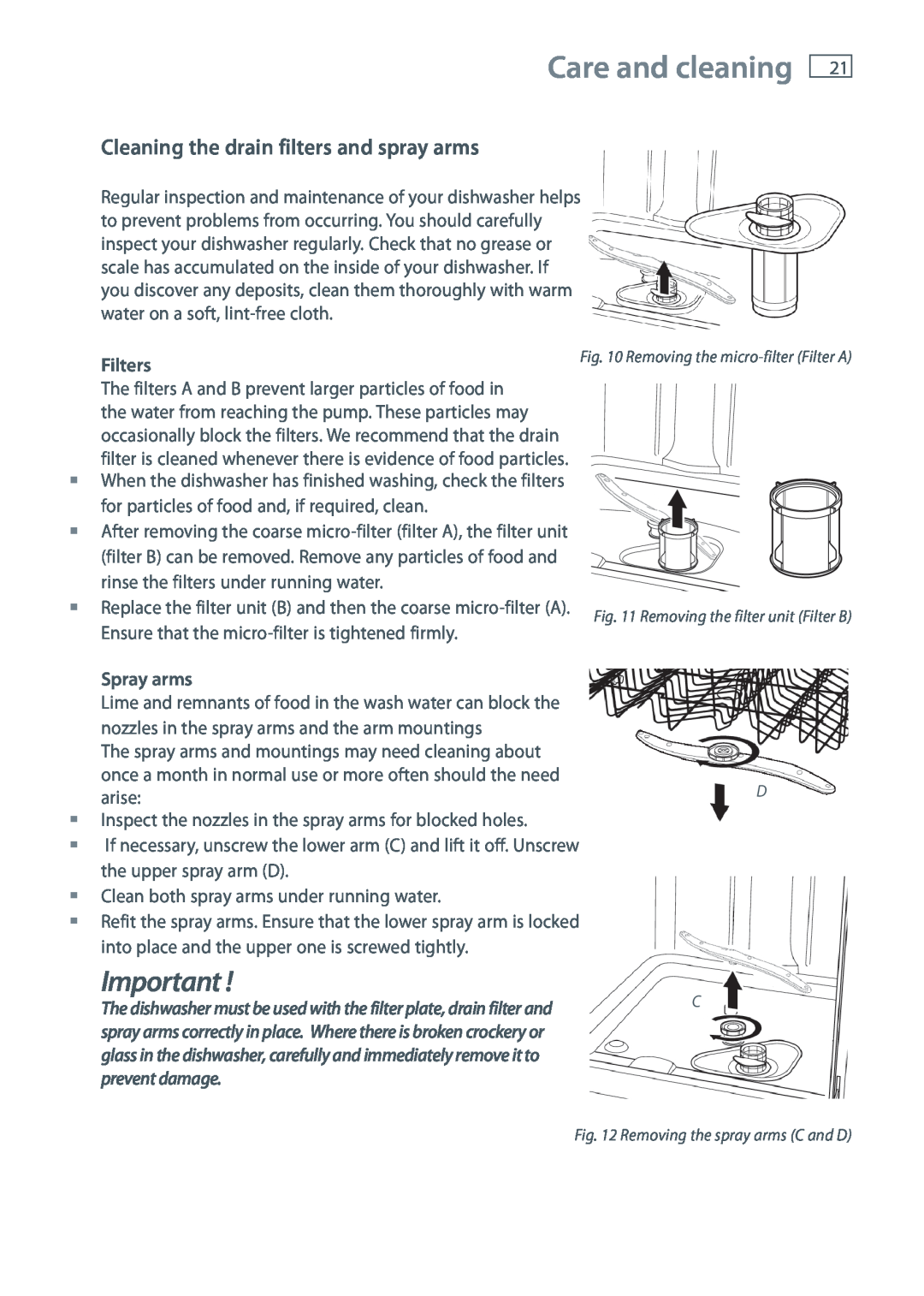 Fisher & Paykel DW60 installation instructions Care and cleaning, Cleaning the drain filters and spray arms 