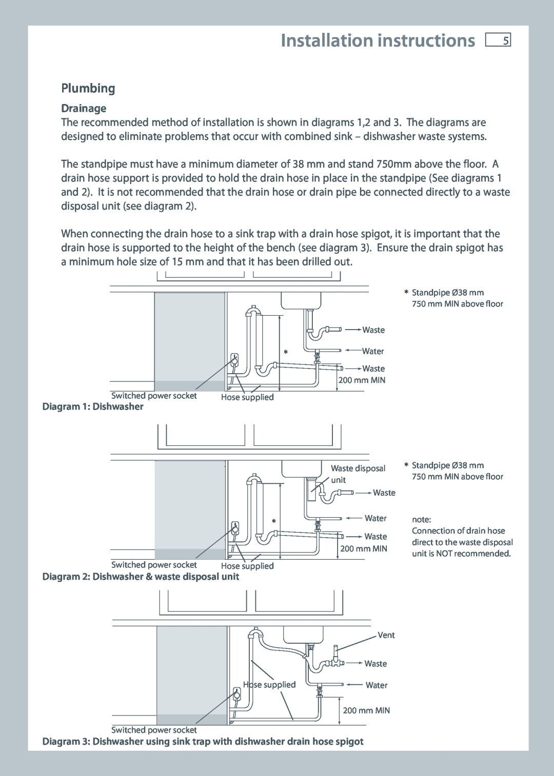 Fisher & Paykel DW60 installation instructions Installation instructions, Plumbing, Drainage 