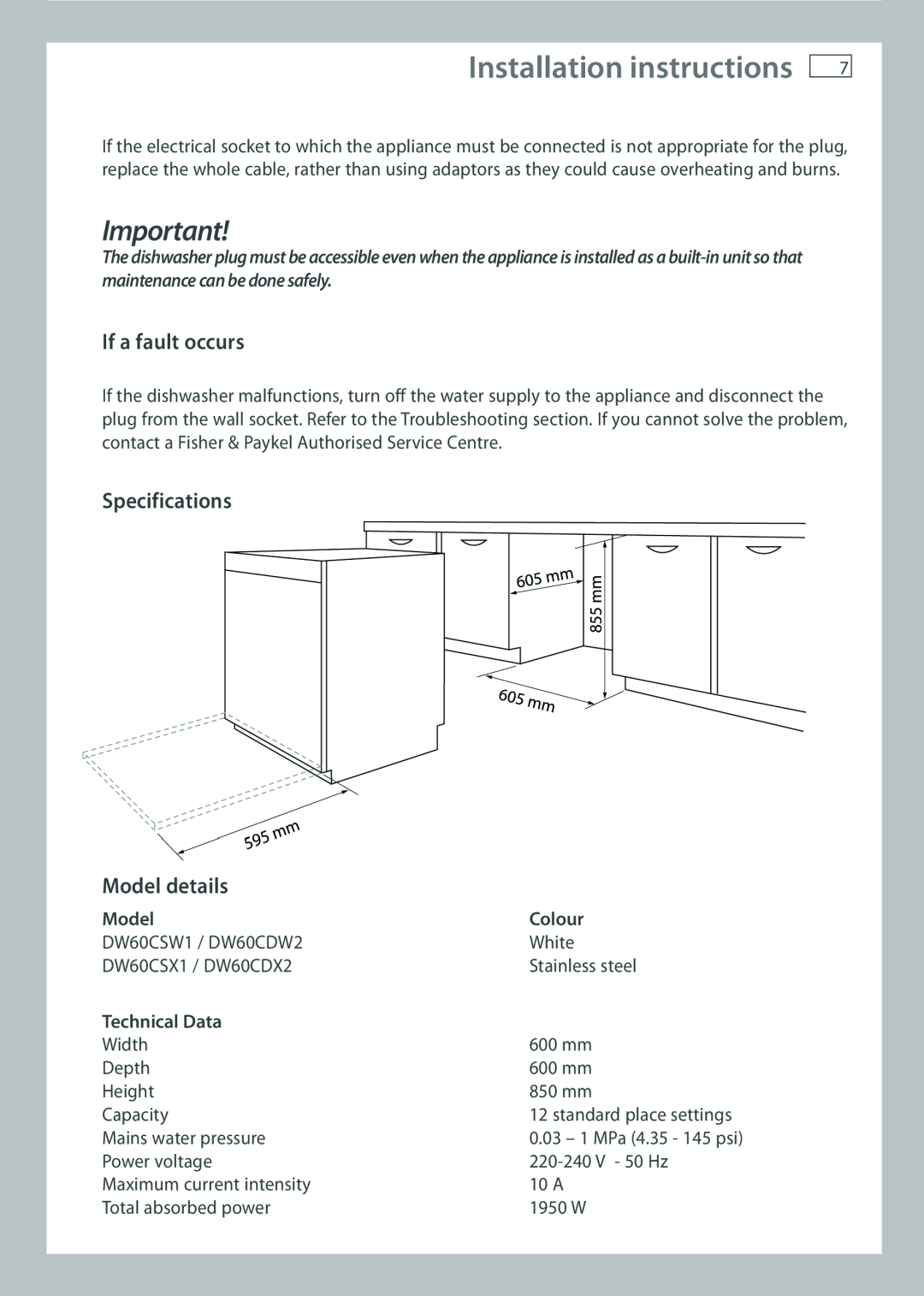 Fisher & Paykel DW60 Installation instructions, If a fault occurs, Specifications Model details, Colour, Technical Data 