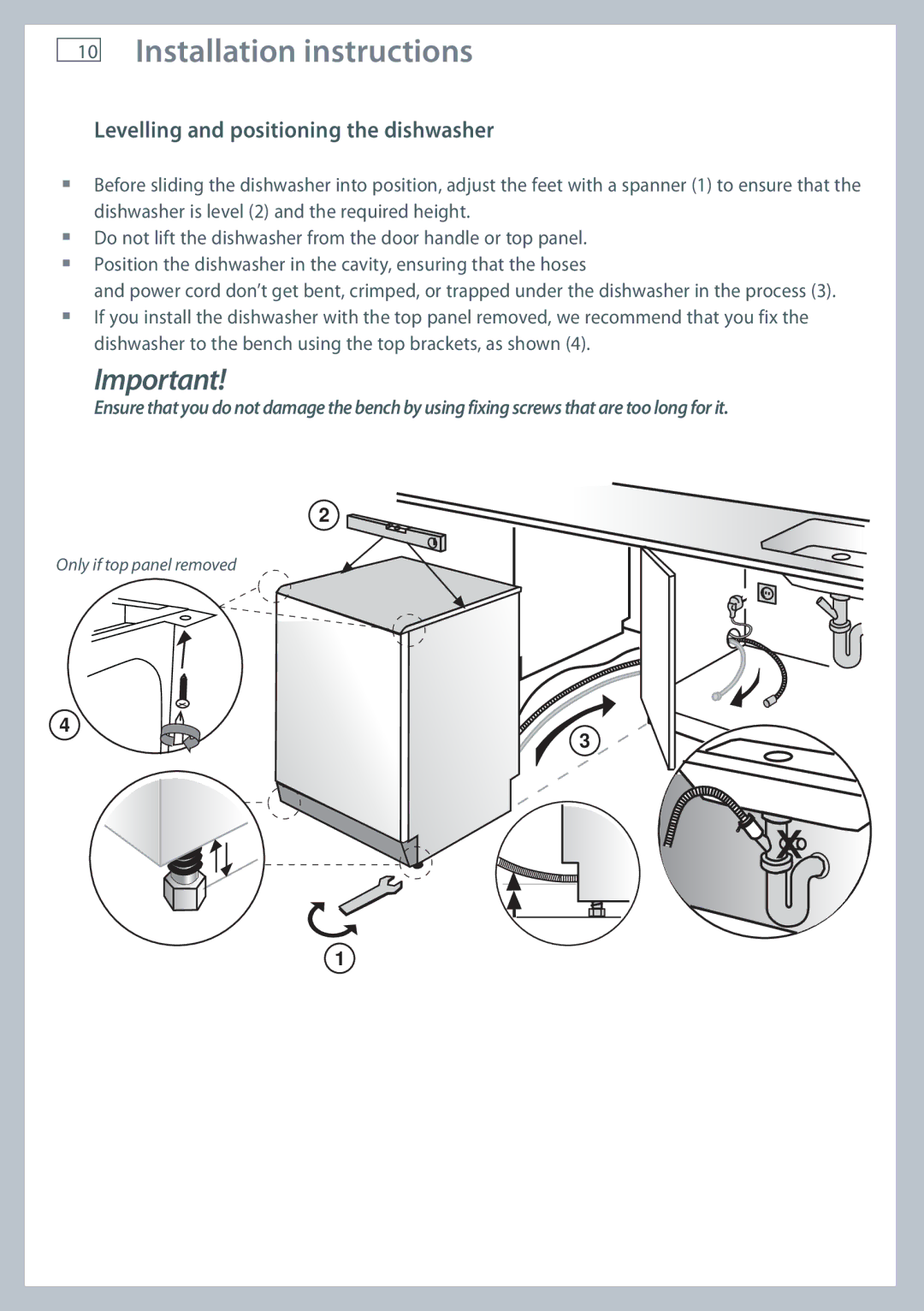 Fisher & Paykel DW60CC, DW60CE manual Levelling and positioning the dishwasher 