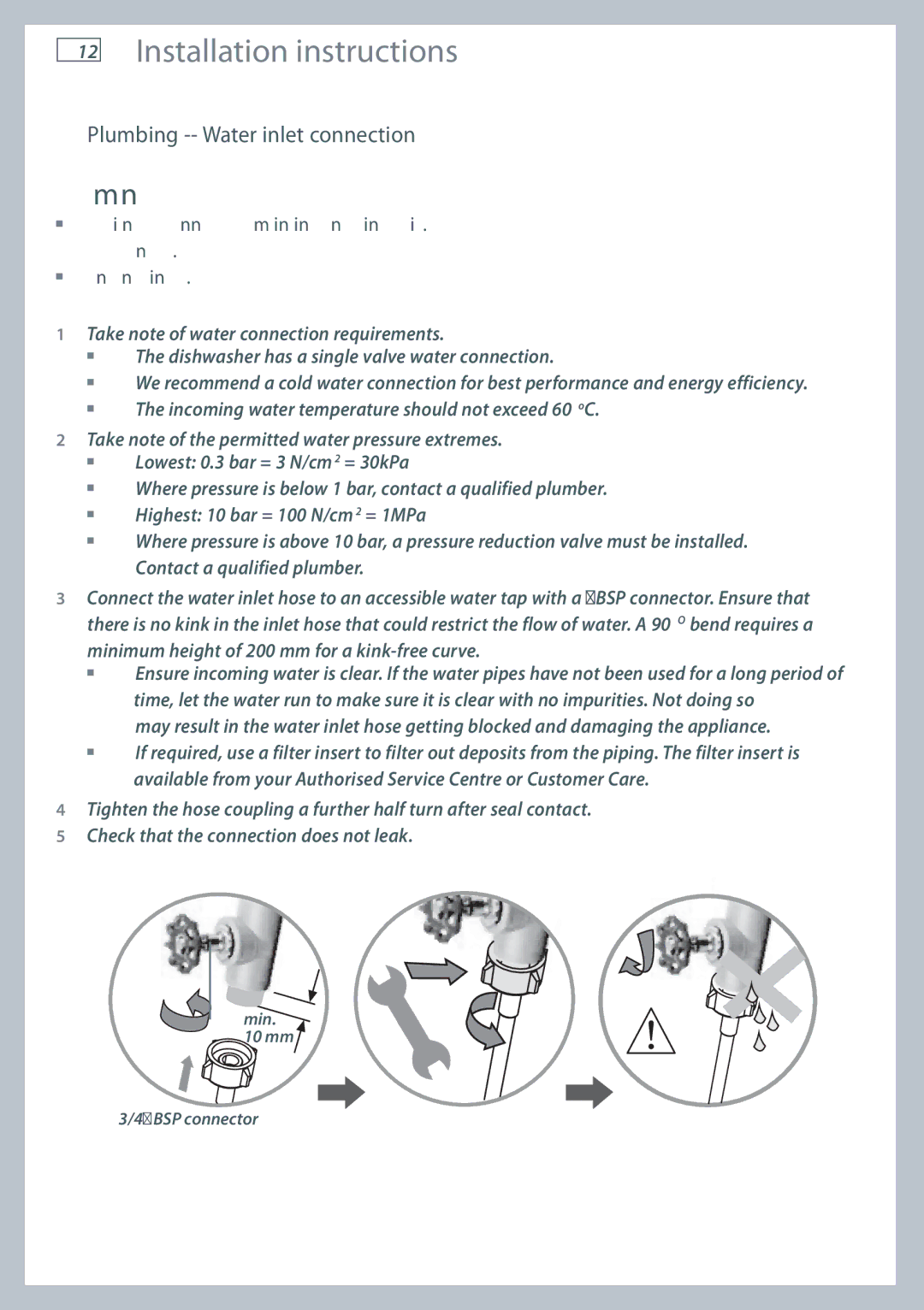 Fisher & Paykel DW60CC, DW60CE manual Plumbing -- Water inlet connection, Minimum height of 200 mm for a kink-free curve 
