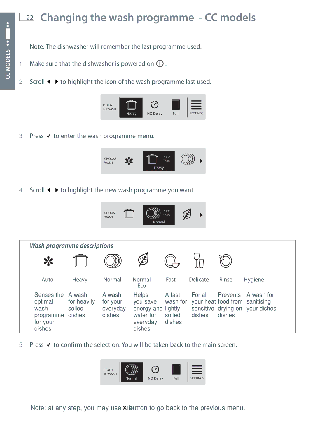 Fisher & Paykel DW60CC, DW60CE manual Changing the wash programme CC models, Scroll 