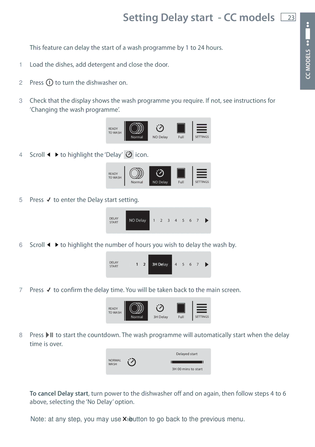 Fisher & Paykel DW60CE, DW60CC manual Setting Delay start CC models 