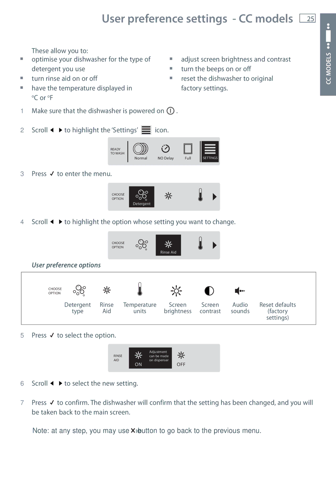 Fisher & Paykel DW60CE, DW60CC manual User preference settings CC models, User preference options 