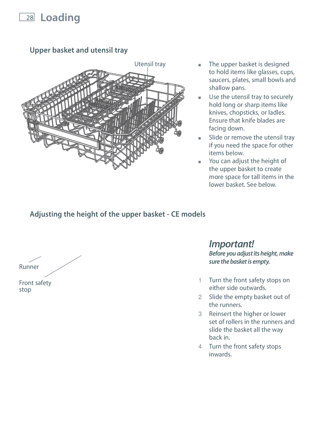 Fisher & Paykel DW60CC, DW60CE manual Upper basket and utensil tray, Adjusting the height of the upper basket CE models 