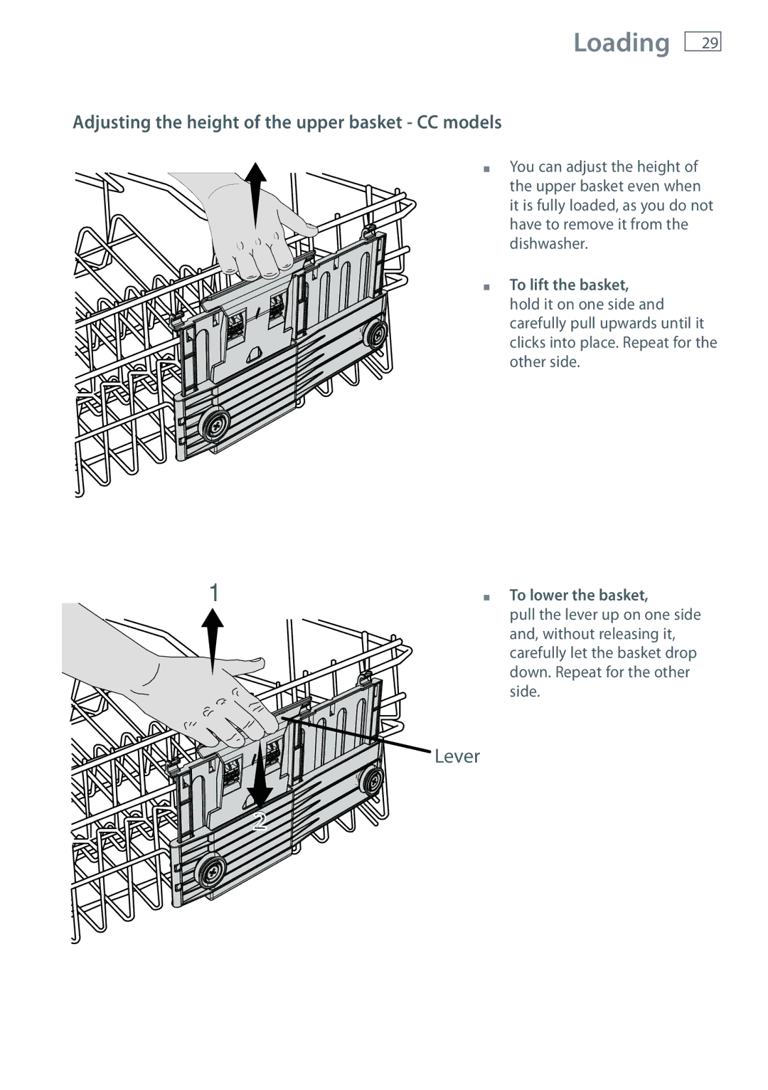 Fisher & Paykel DW60CE, DW60CC manual Lever, Adjusting the height of the upper basket CC models 