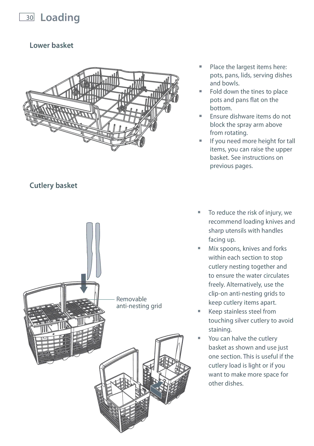 Fisher & Paykel DW60CC, DW60CE manual Lower basket Cutlery basket 