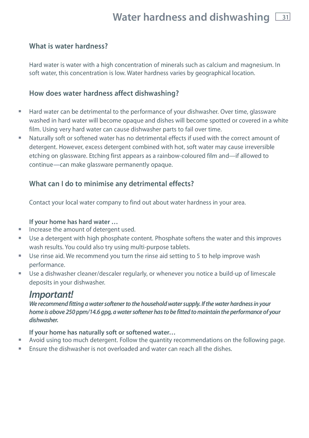 Fisher & Paykel DW60CE, DW60CC manual What is water hardness?, How does water hardness affect dishwashing? 