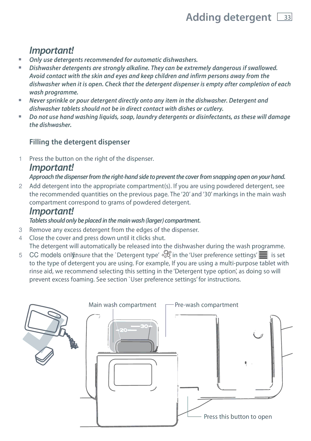 Fisher & Paykel DW60CE, DW60CC manual Adding detergent, Filling the detergent dispenser 