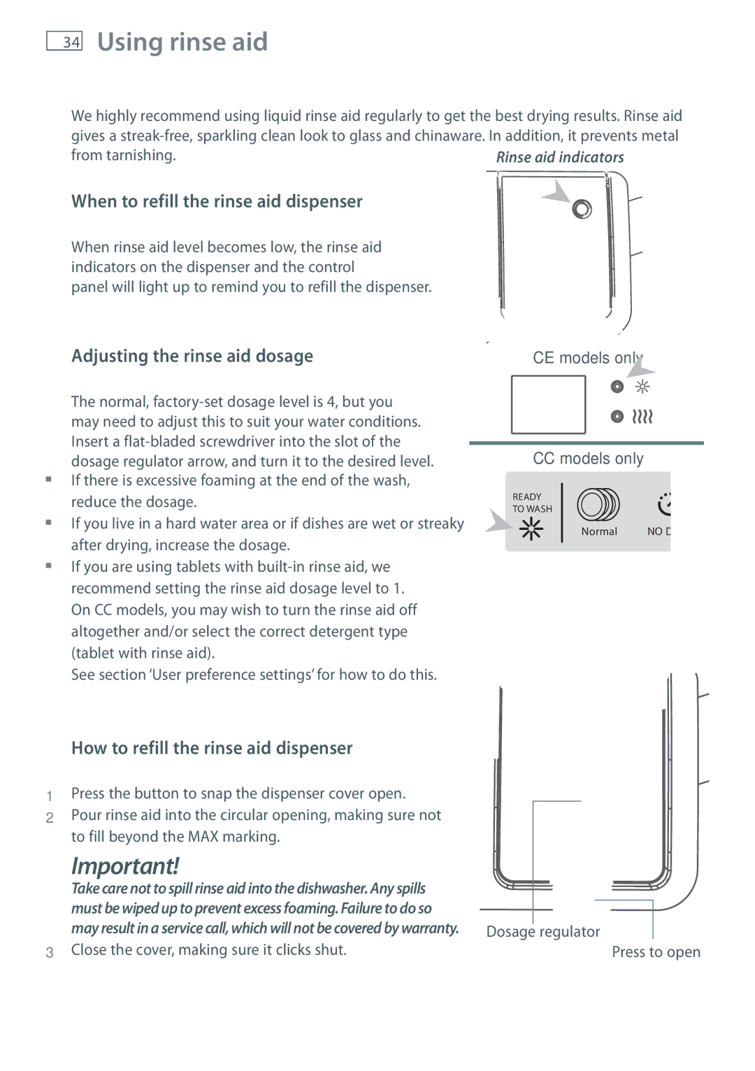 Fisher & Paykel DW60CC, DW60CE Using rinse aid, When to refill the rinse aid dispenser, Adjusting the rinse aid dosage 