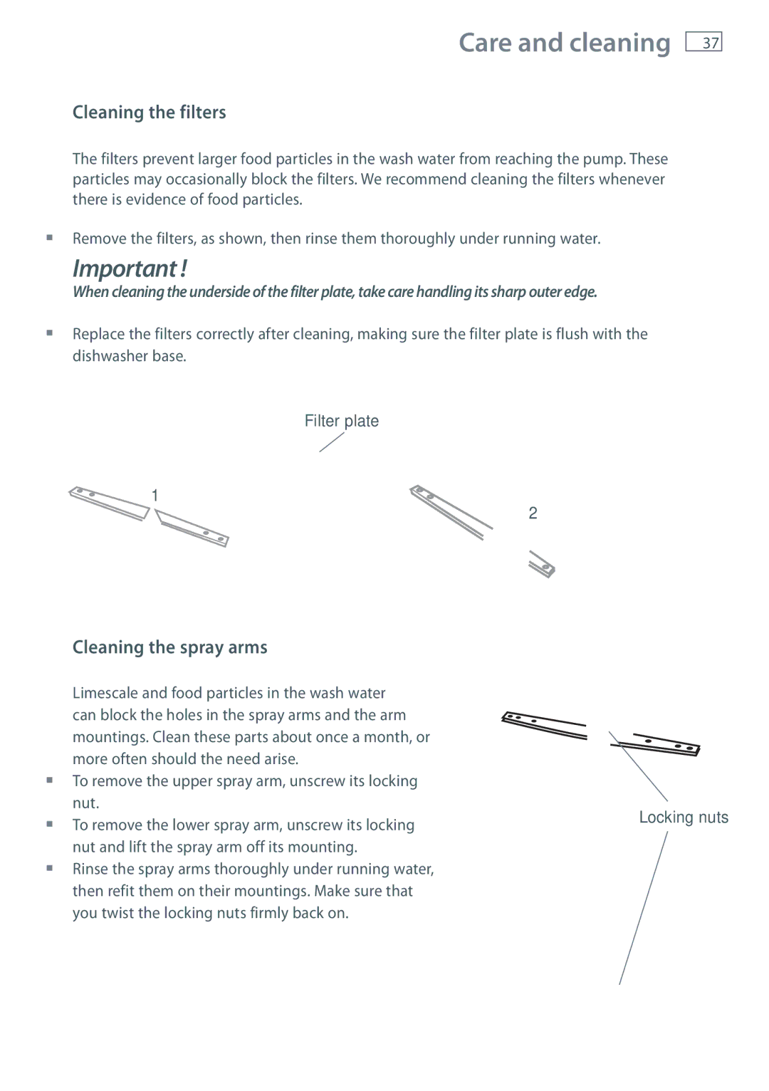 Fisher & Paykel DW60CE, DW60CC manual Cleaning the filters, Cleaning the spray arms 