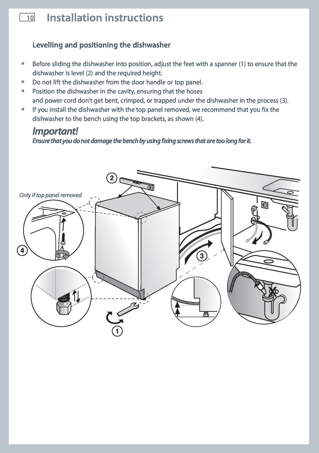 Fisher & Paykel DW60CC, DW60CE manual Installation instructions, Levelling and positioning the dishwasher 