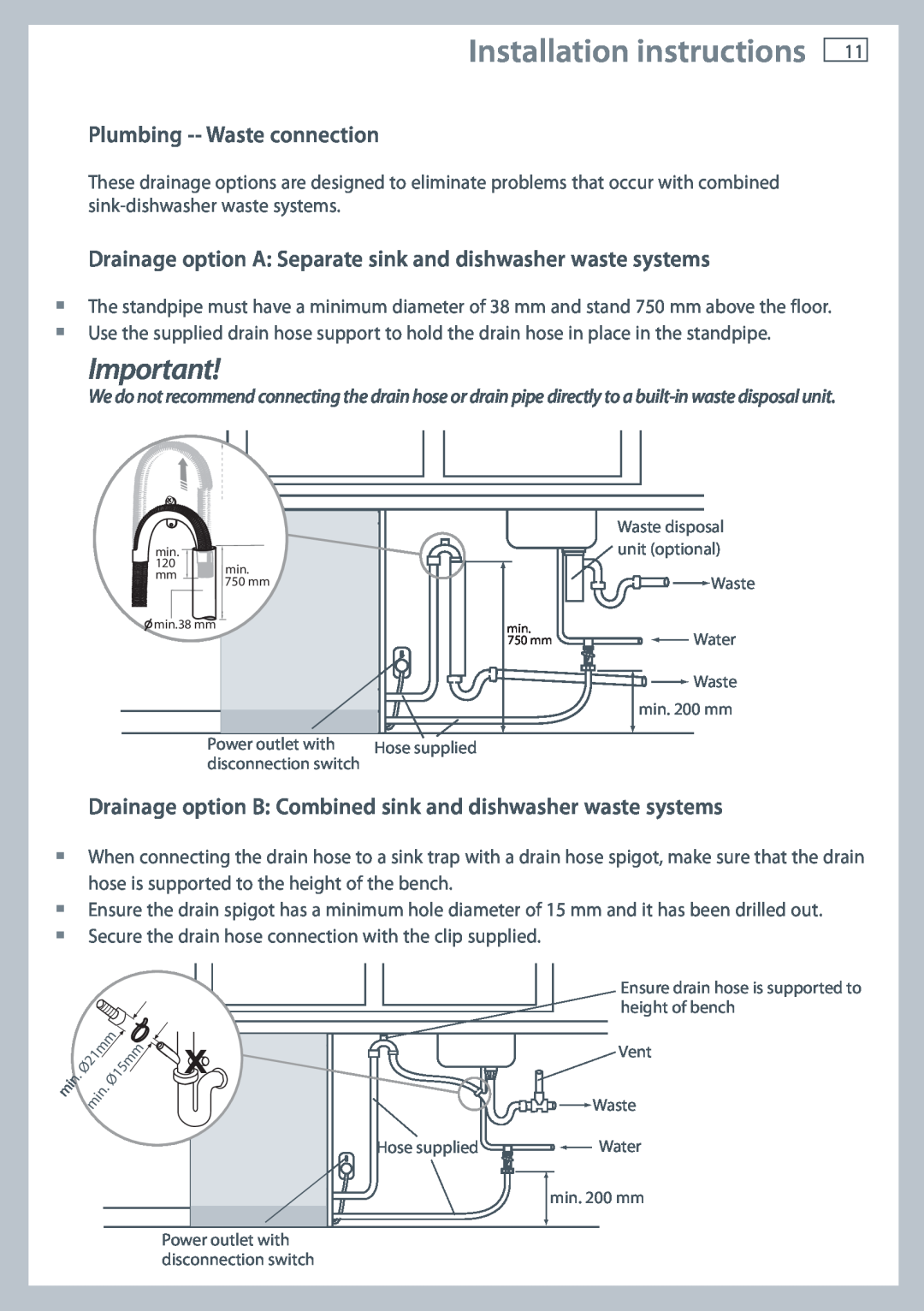 Fisher & Paykel DW60CE, DW60CC manual Installation instructions, Plumbing --Waste connection 