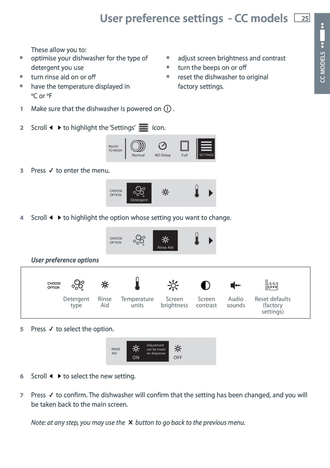 Fisher & Paykel DW60CE, DW60CC manual User preference settings - CC models, User preference options 