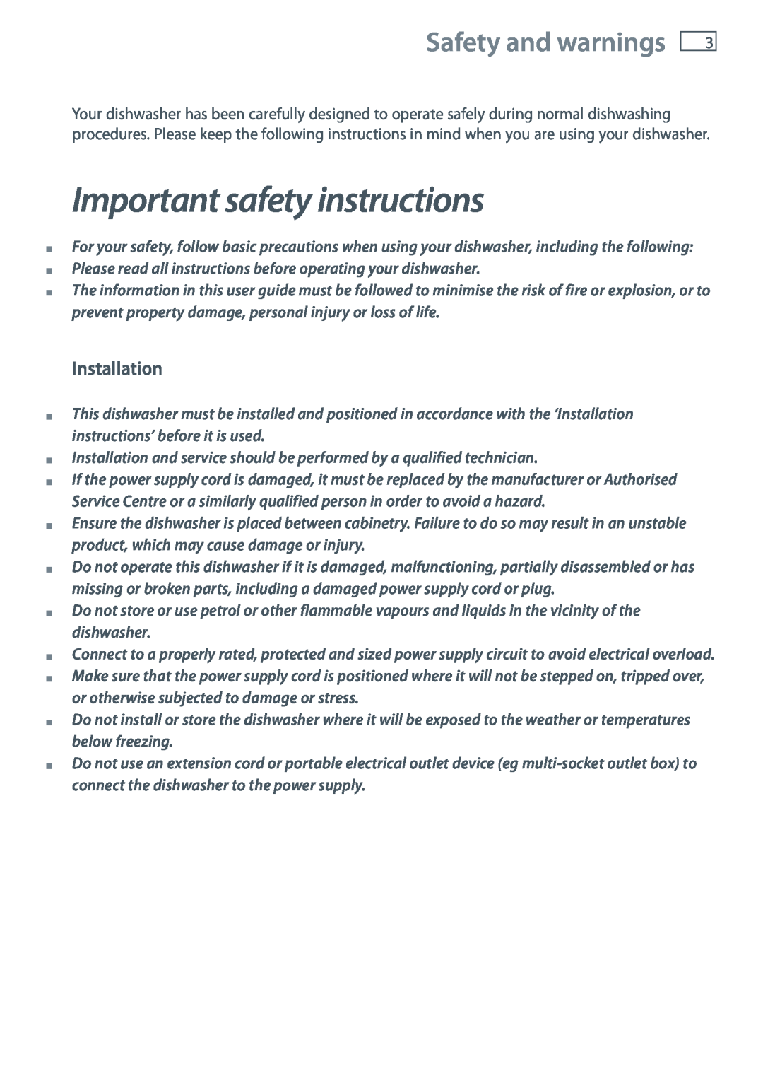 Fisher & Paykel DW60CE, DW60CC manual Important safety instructions, Safety and warnings, Installation 