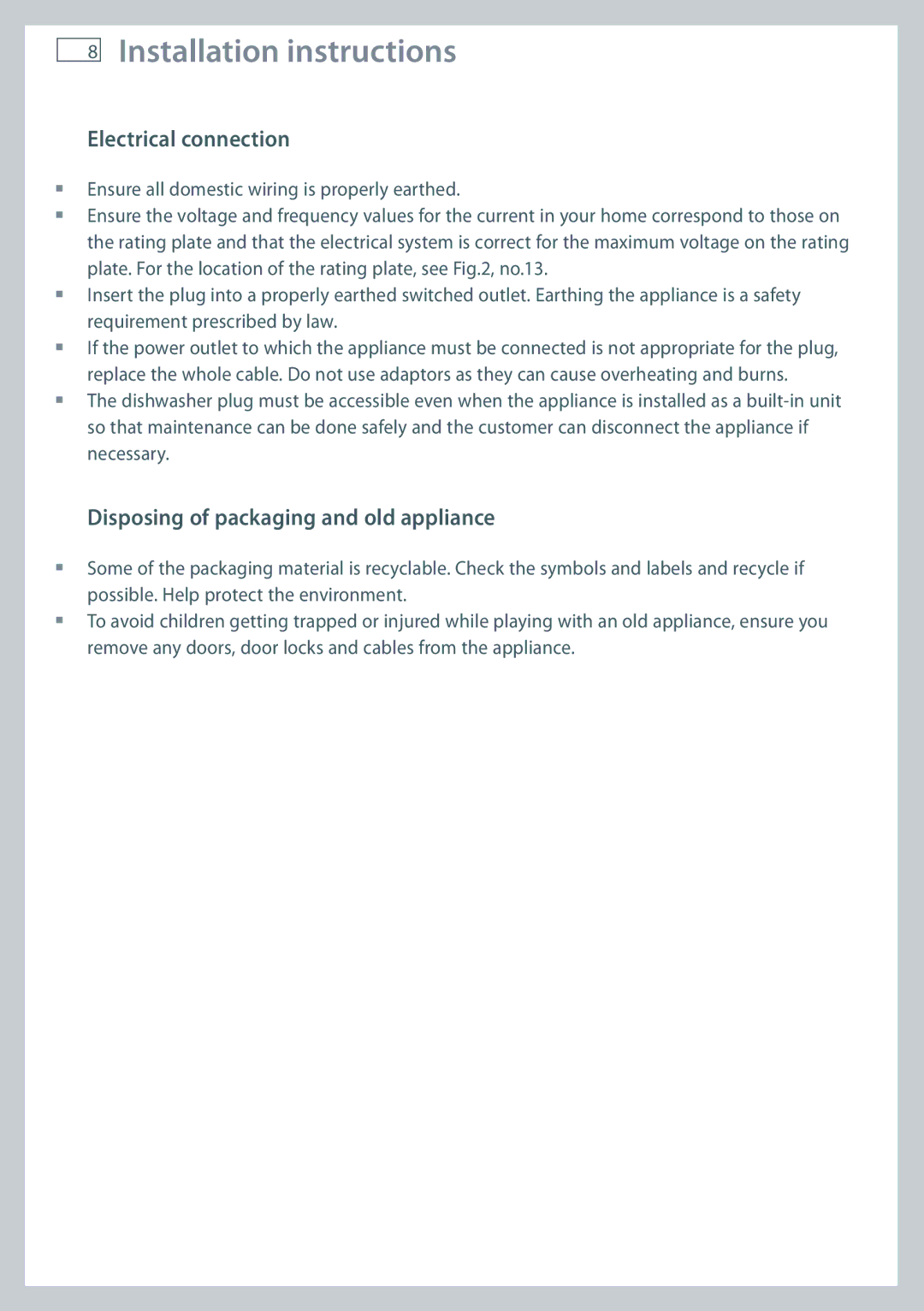 Fisher & Paykel DW60DOX installation instructions Electrical connection, Disposing of packaging and old appliance 