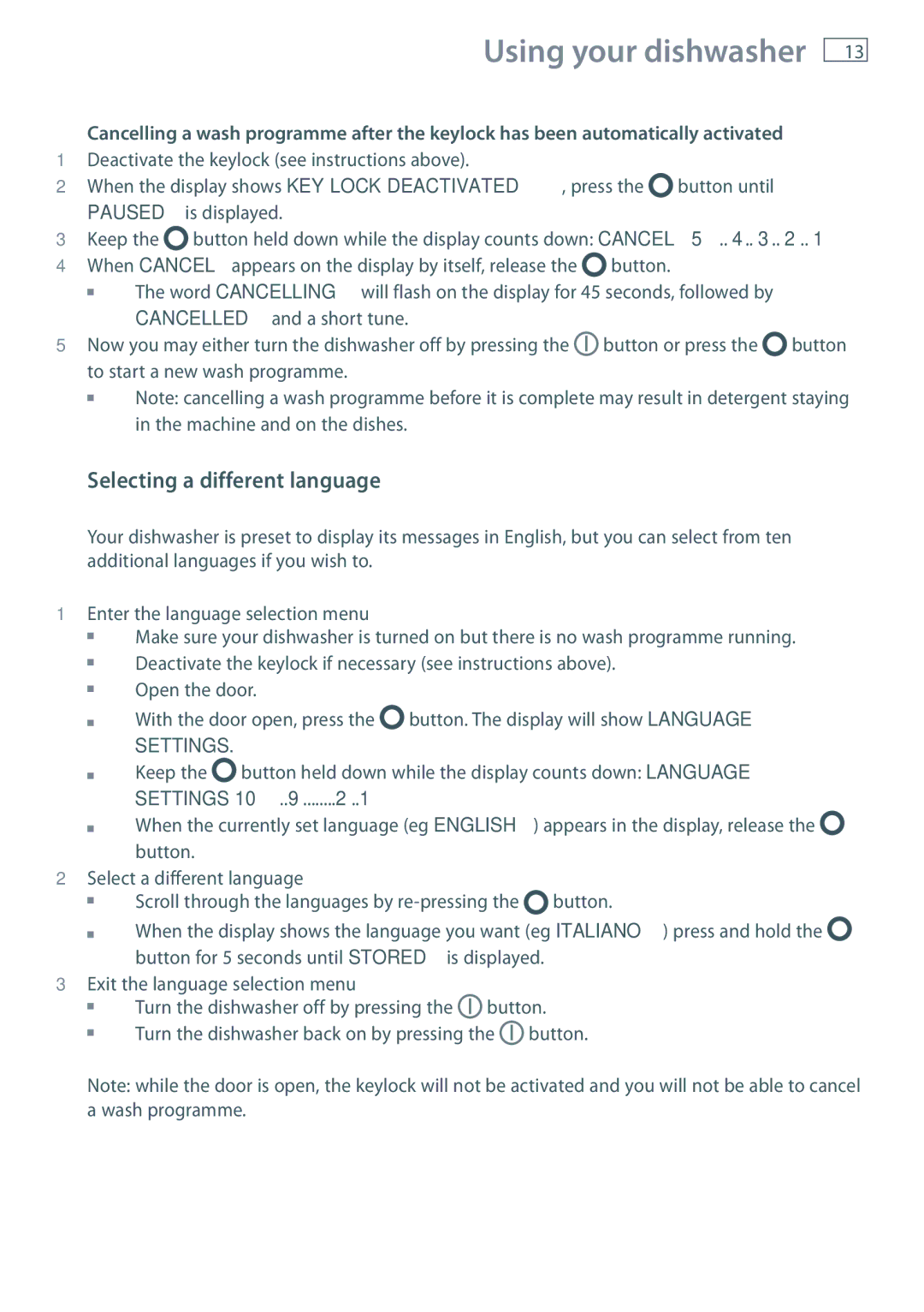 Fisher & Paykel DW60DOX installation instructions Selecting a different language 