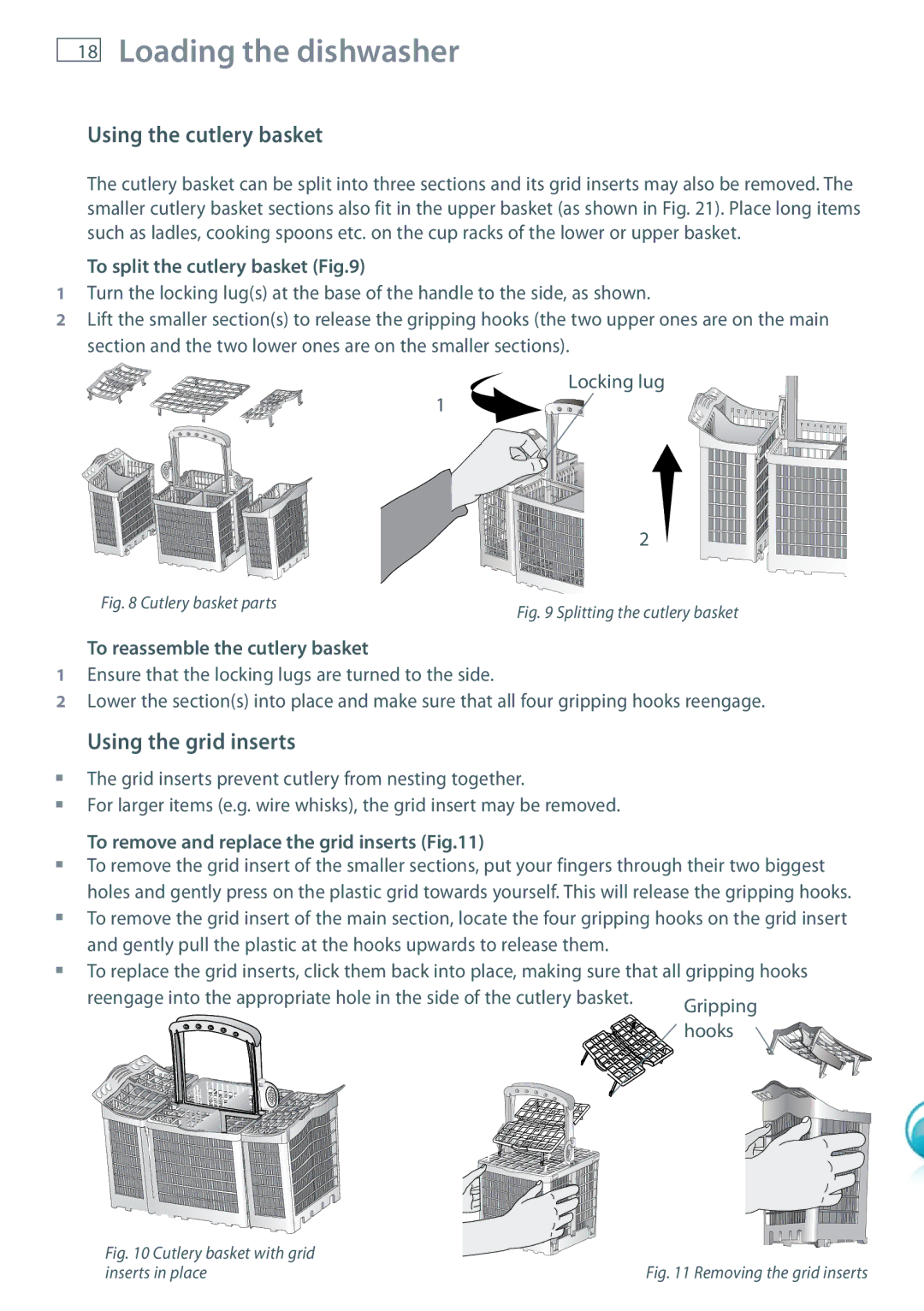 Fisher & Paykel DW60DOX Using the cutlery basket, Using the grid inserts, To split the cutlery basket 