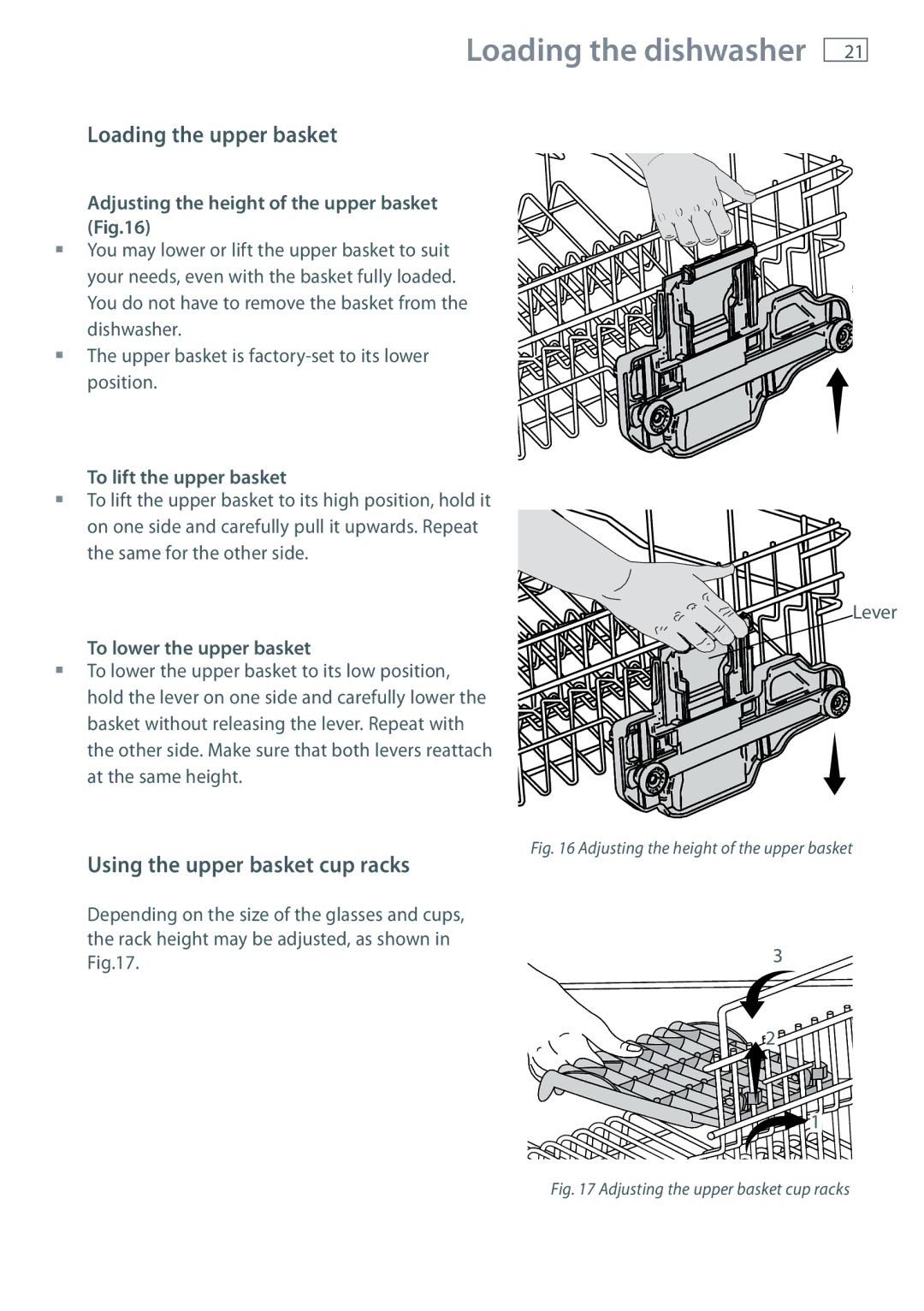 Fisher & Paykel DW60DOX Loading the upper basket, Using the upper basket cup racks, To lift the upper basket 