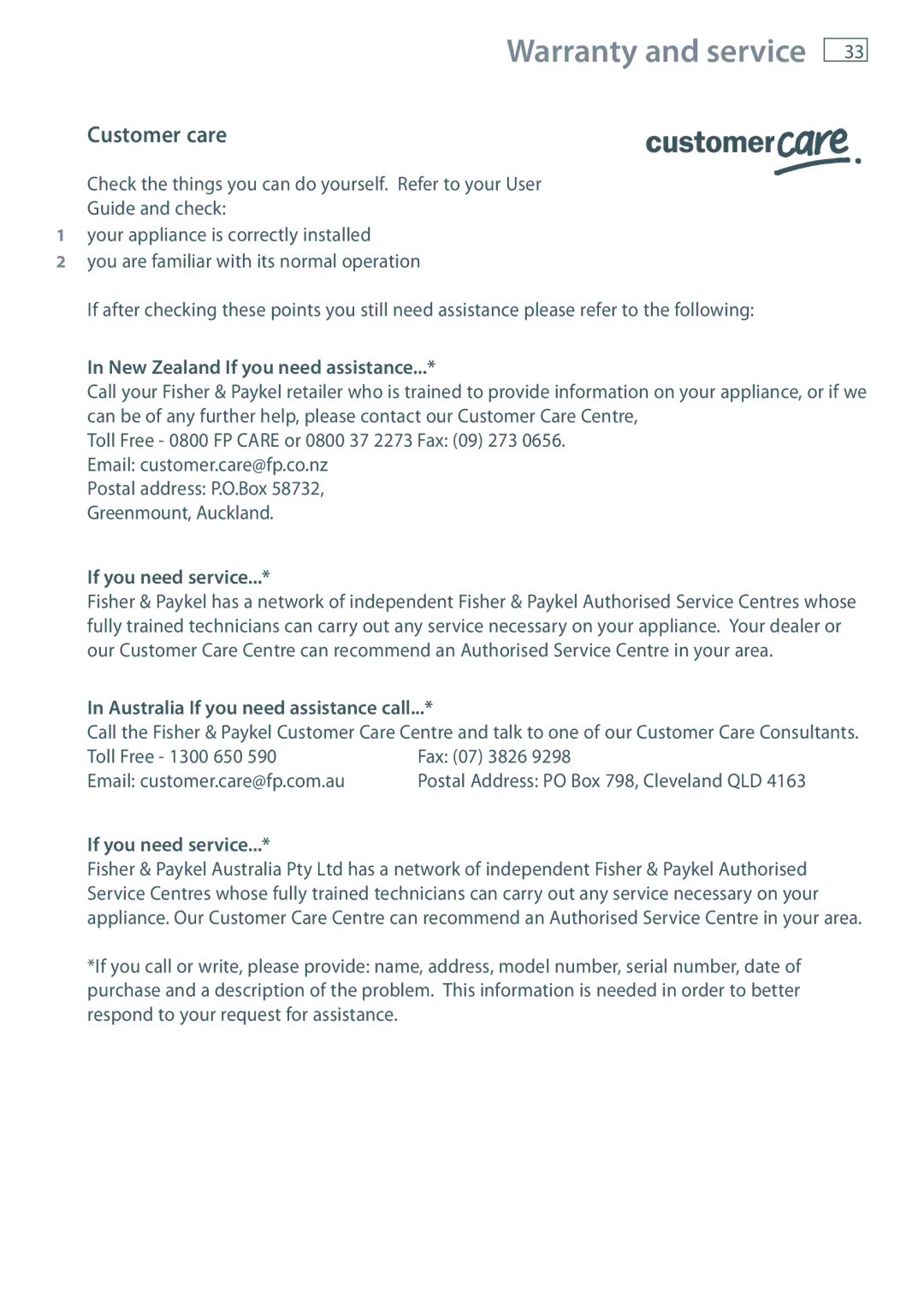 Fisher & Paykel DW60DOX installation instructions Customer care, New Zealand If you need assistance, If you need service 