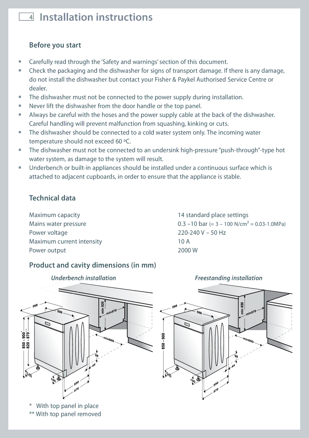 Fisher & Paykel DW60DOX Installation instructions, Before you start, Technical data, Product and cavity dimensions in mm 