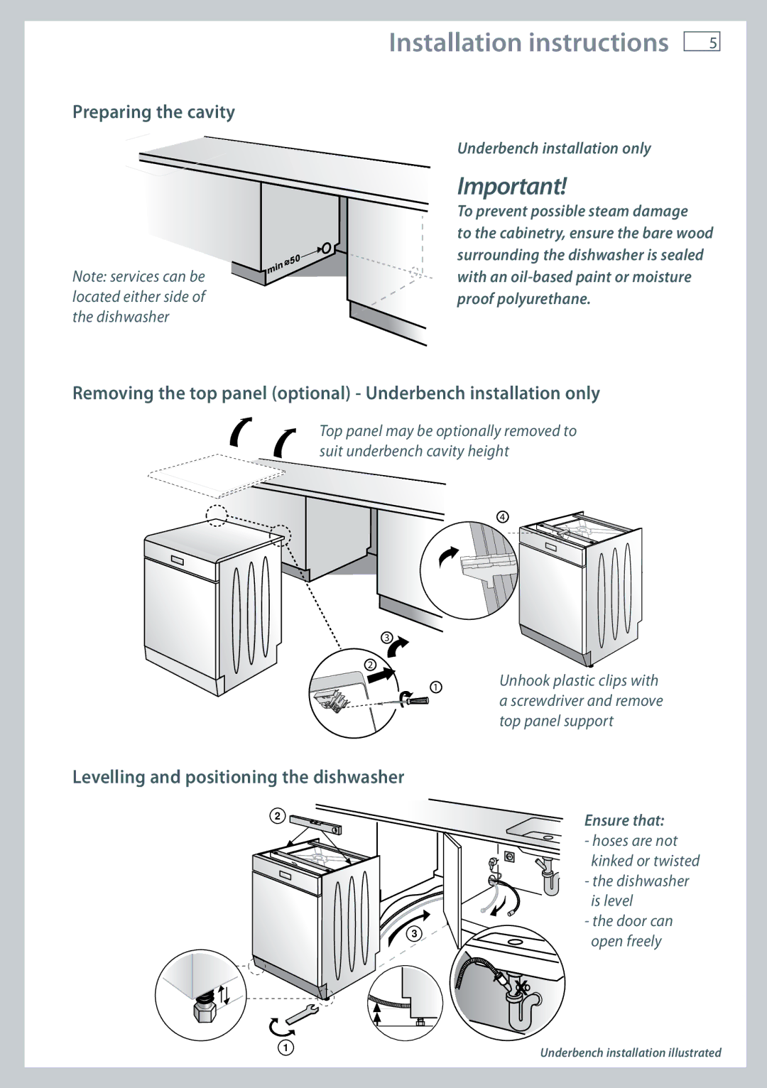 Fisher & Paykel DW60DOX installation instructions Preparing the cavity, Levelling and positioning the dishwasher 