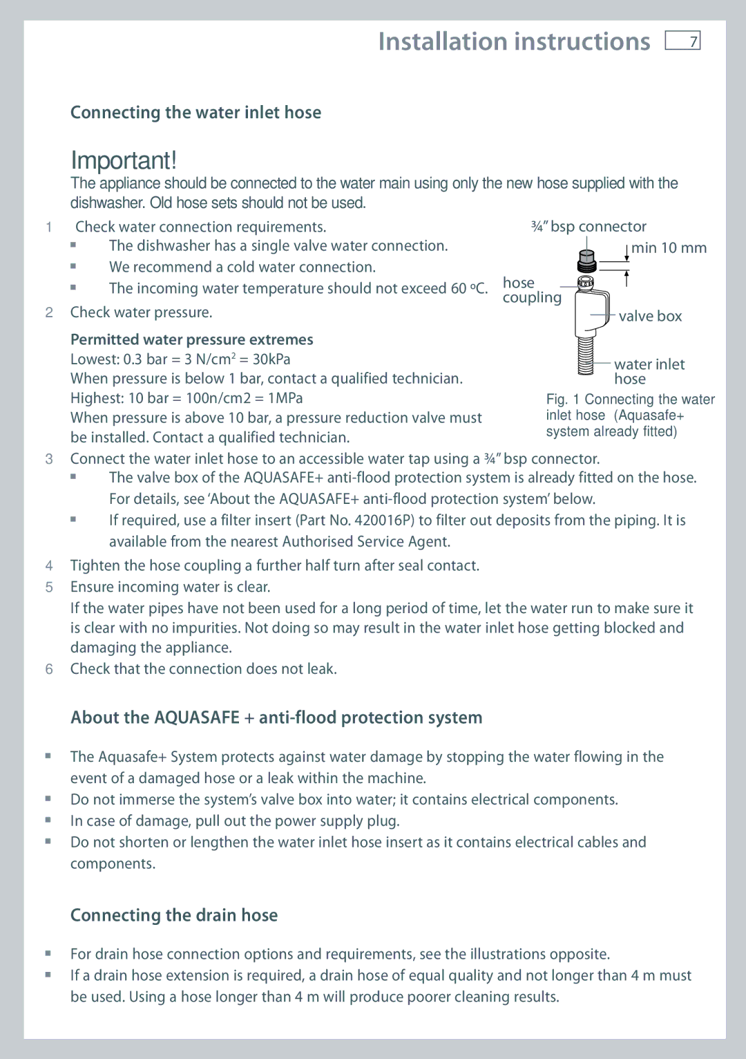 Fisher & Paykel DW60DOX Connecting the water inlet hose, About the Aquasafe + anti-flood protection system 