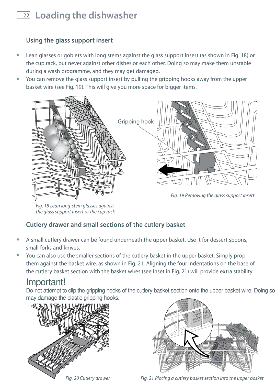 Fisher & Paykel DW60DOX Using the glass support insert, Cutlery drawer and small sections of the cutlery basket 