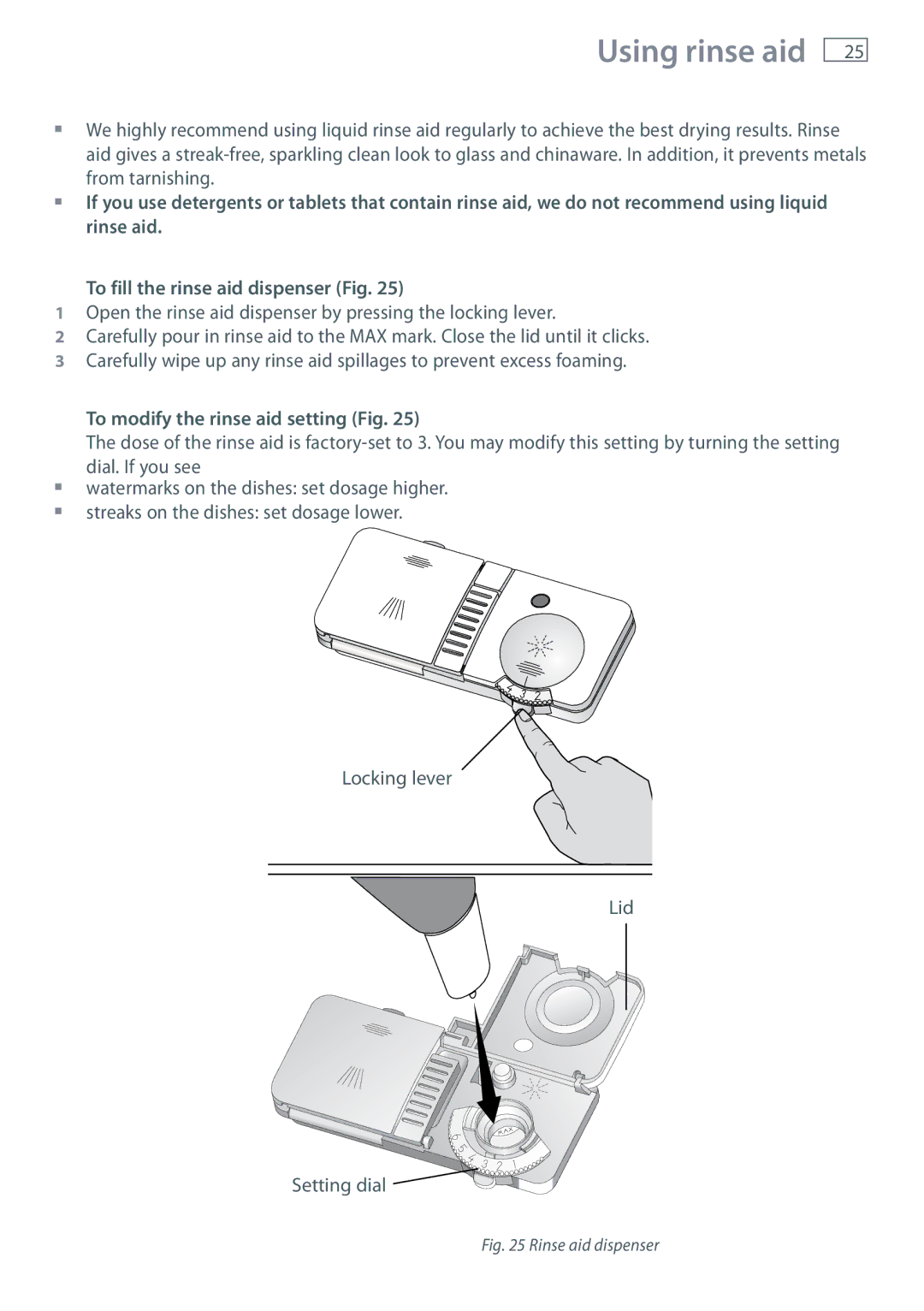 Fisher & Paykel DW60DOX installation instructions Using rinse aid, To modify the rinse aid setting Fig 