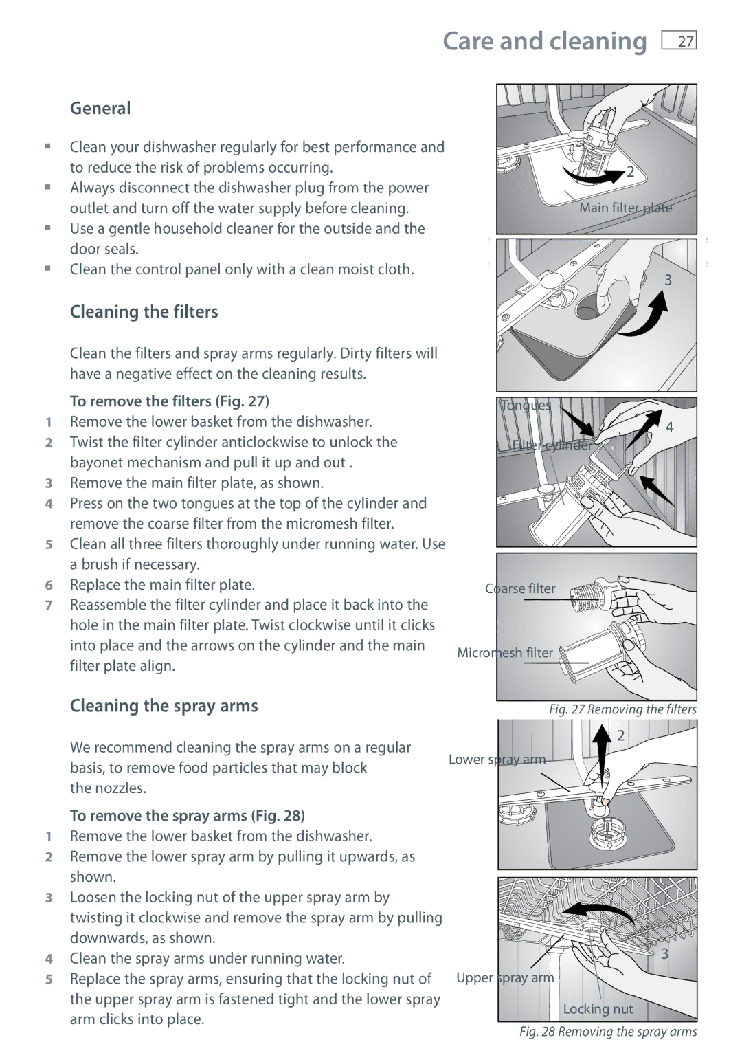 Fisher & Paykel DW60DOX installation instructions Care and cleaning, General, Cleaning the filters, Cleaning the spray arms 