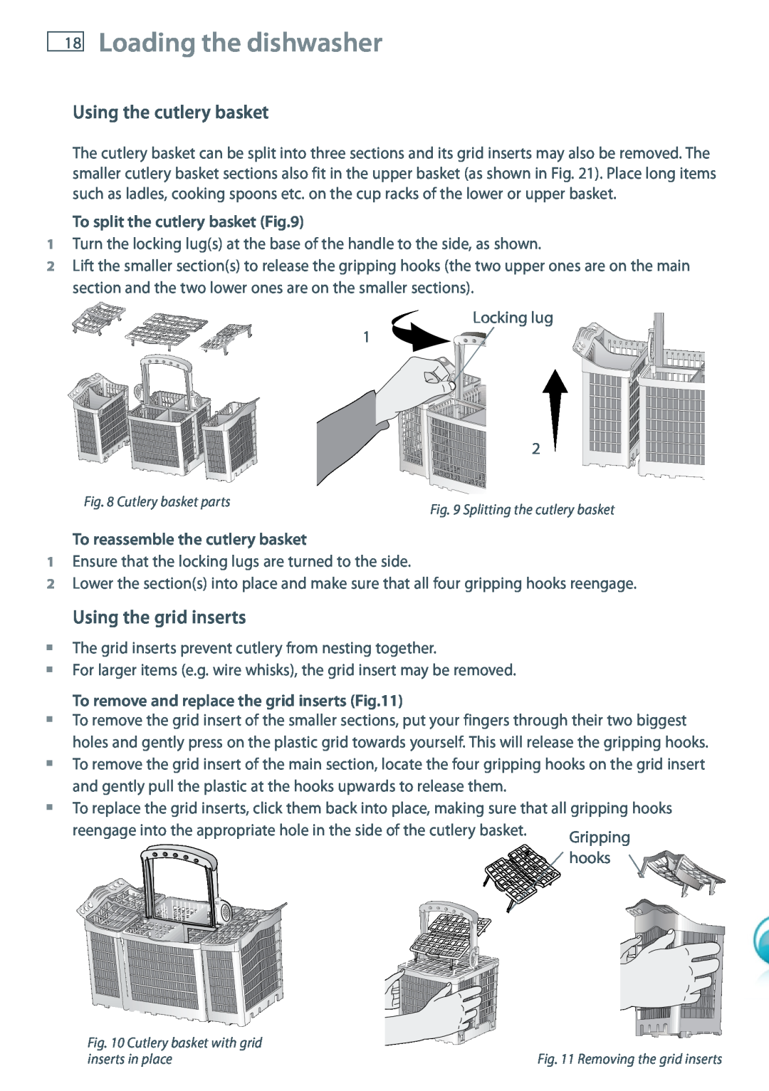Fisher & Paykel DW60DOX installation instructions Loading the dishwasher, Using the cutlery basket, Using the grid inserts 