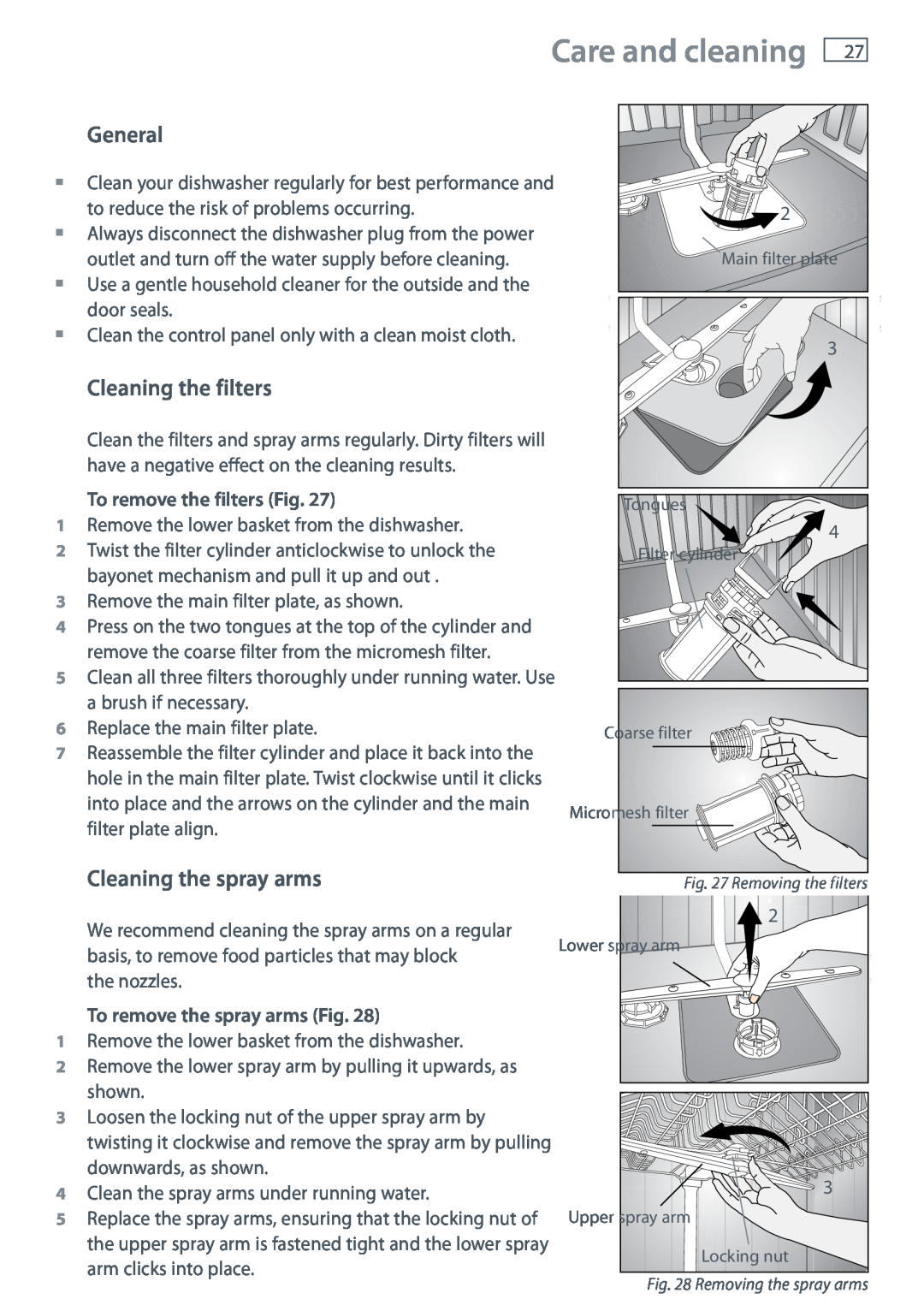 Fisher & Paykel DW60DOX installation instructions Care and cleaning, General, Cleaning the filters, Cleaning the spray arms 