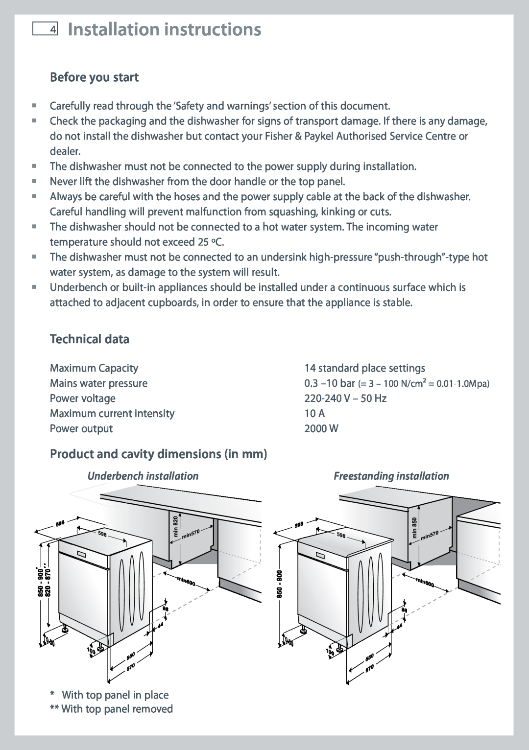 Fisher & Paykel DW60DOX Installation instructions, Before you start, Technical data, Product and cavity dimensions in mm 