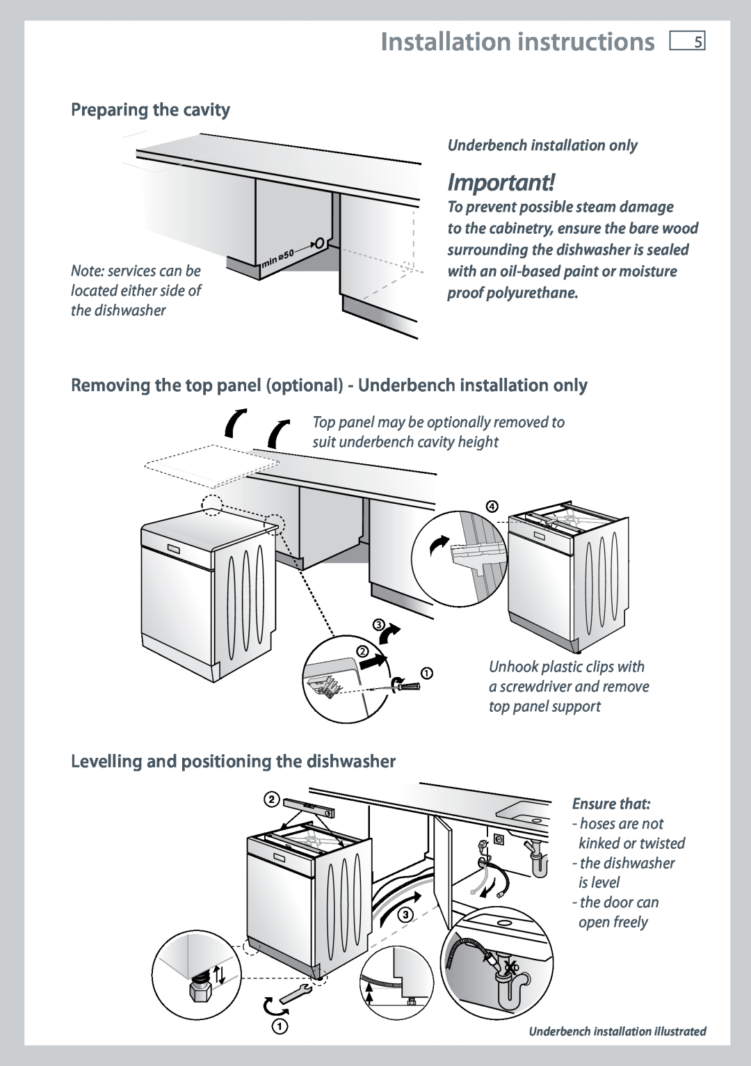 Fisher & Paykel DW60DOX Installation instructions, Preparing the cavity, Levelling and positioning the dishwasher 