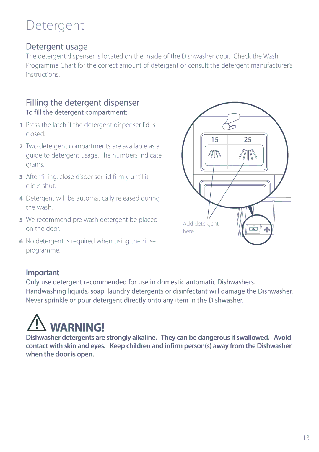 Fisher & Paykel DW820, DW920 installation instructions Detergent usage, Filling the detergent dispenser 