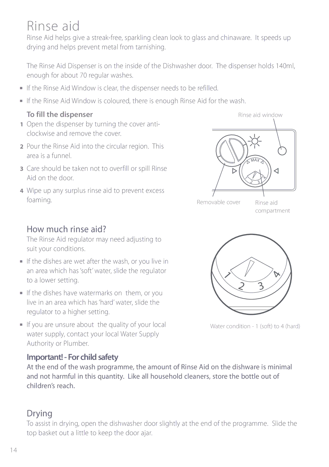 Fisher & Paykel DW920, DW820 installation instructions Rinse aid, How much rinse aid?, Drying, To fill the dispenser 