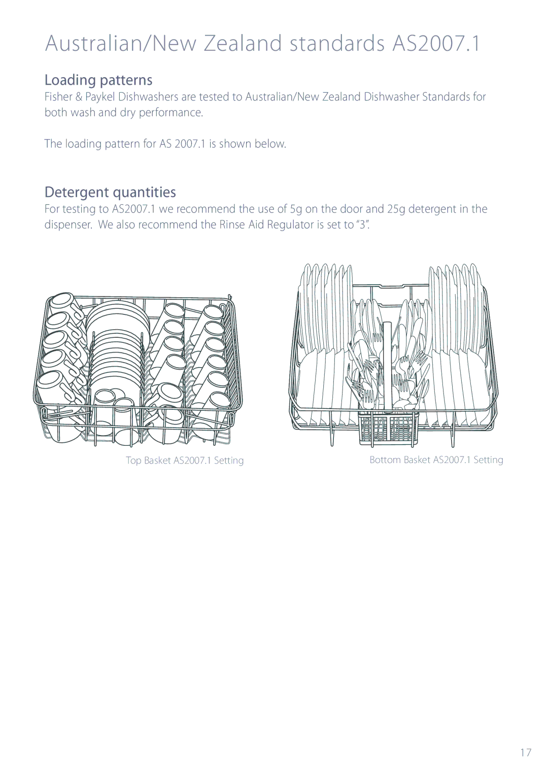 Fisher & Paykel DW820, DW920 Australian/New Zealand standards AS2007.1, Loading patterns, Detergent quantities 