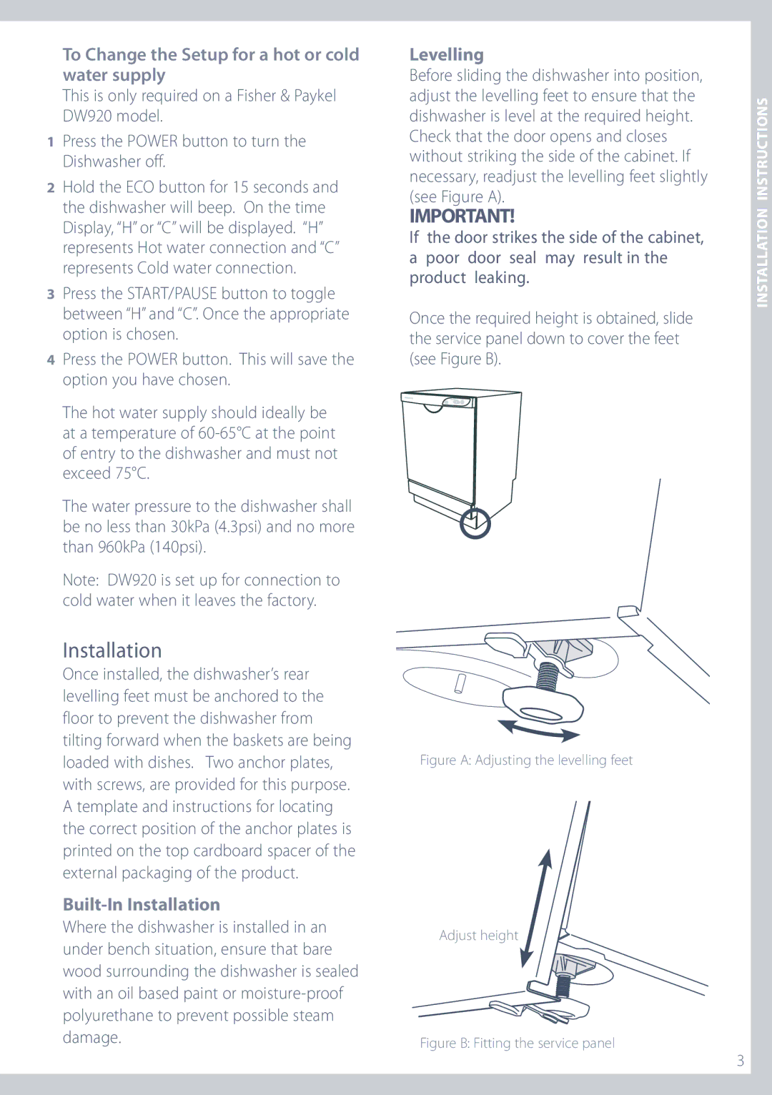 Fisher & Paykel DW820, DW920 To Change the Setup for a hot or cold water supply, Built-In Installation, Levelling 