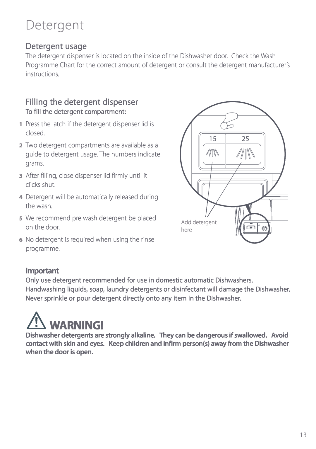 Fisher & Paykel DW820, DW920 installation instructions Detergent usage, Filling the detergent dispenser 