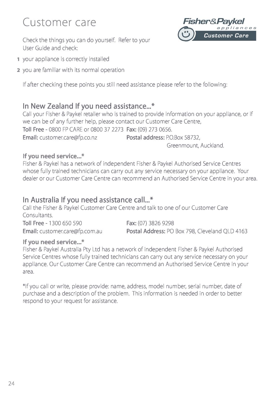 Fisher & Paykel DW920 Customer care, In New Zealand If you need assistance, In Australia If you need assistance call 