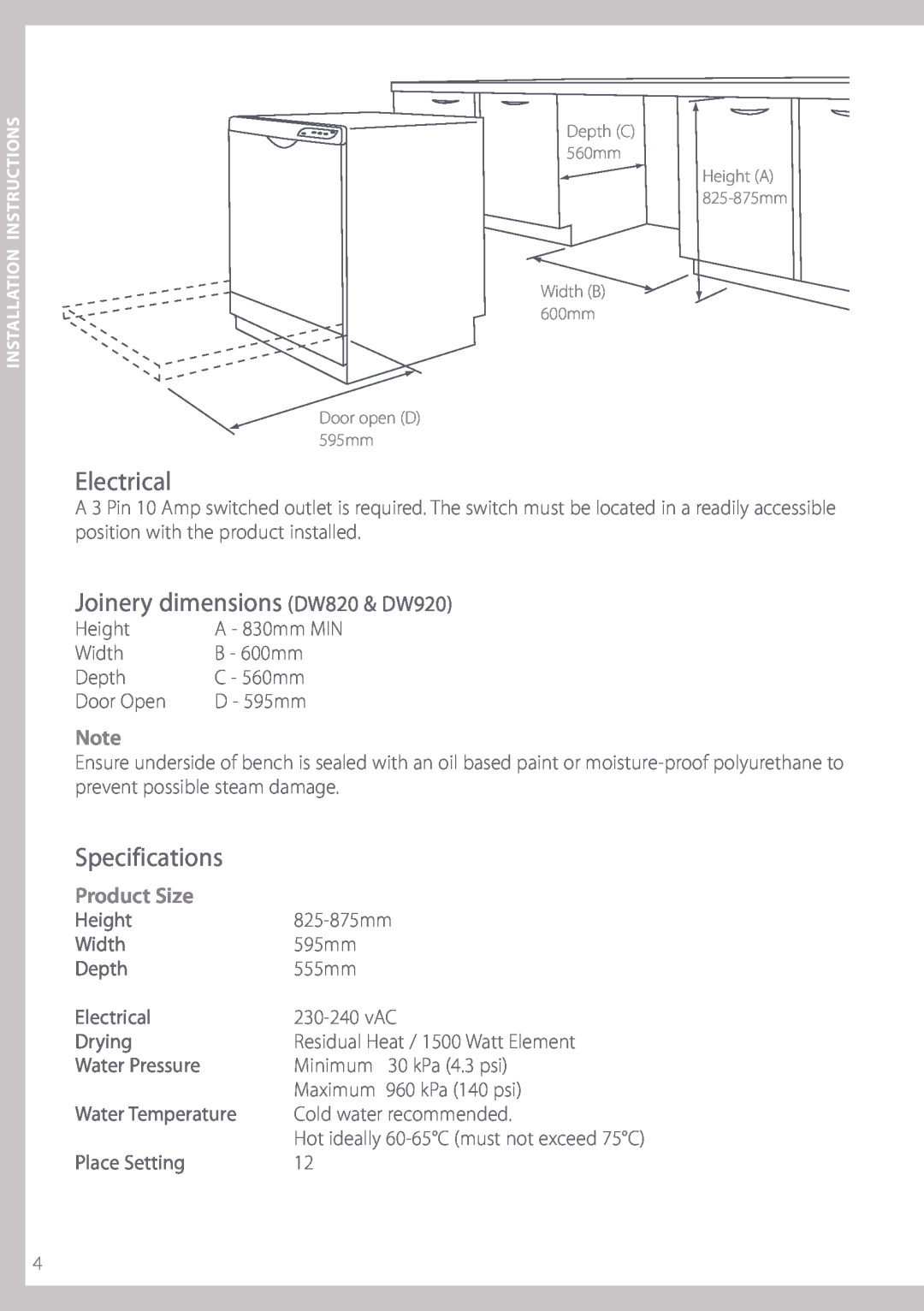 Fisher & Paykel installation instructions Electrical, Joinery dimensions DW820 & DW920, Specifications, Product Size 