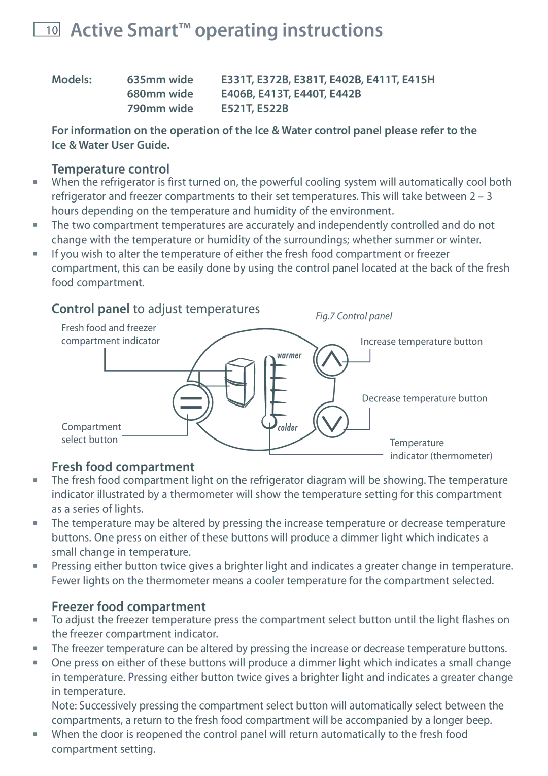 Fisher & Paykel C170T, E440T, E413T, E415H Active Smart operating instructions, Temperature control, Fresh food compartment 