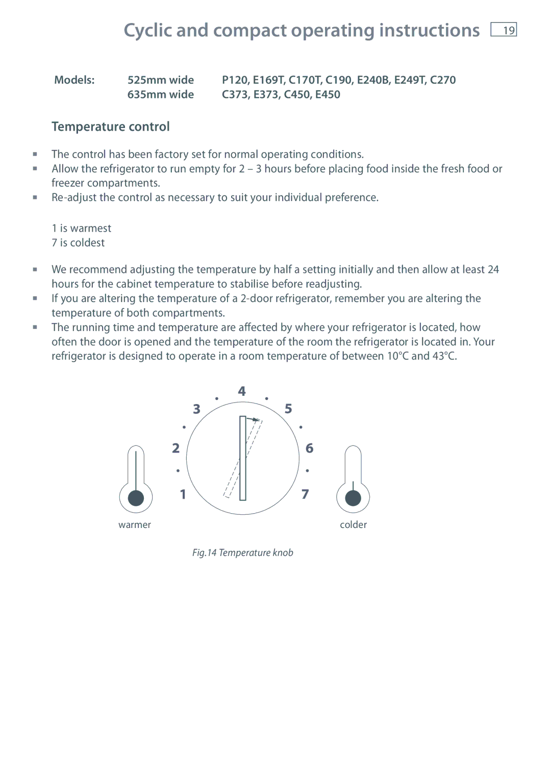 Fisher & Paykel E381T, E440T, E413T, E415H, E442B, E411T, E402B Cyclic and compact operating instructions, Temperature knob 