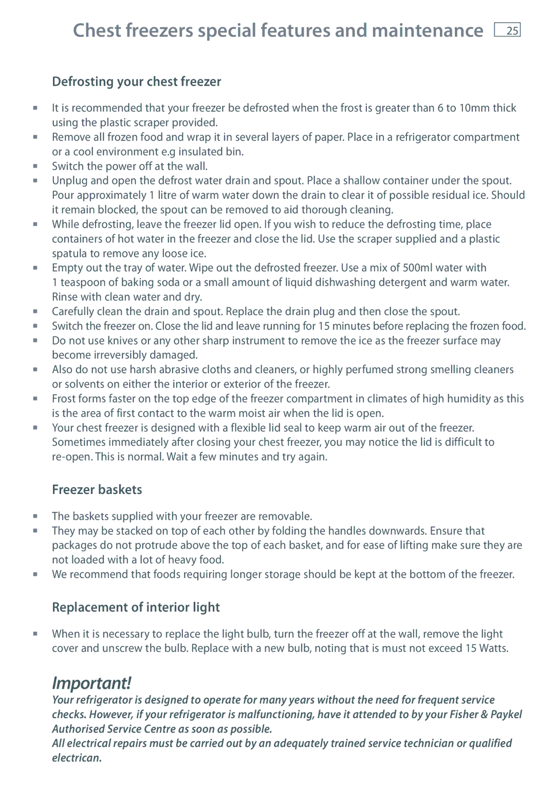 Fisher & Paykel E413T Chest freezers special features and maintenance, Defrosting your chest freezer, Freezer baskets 